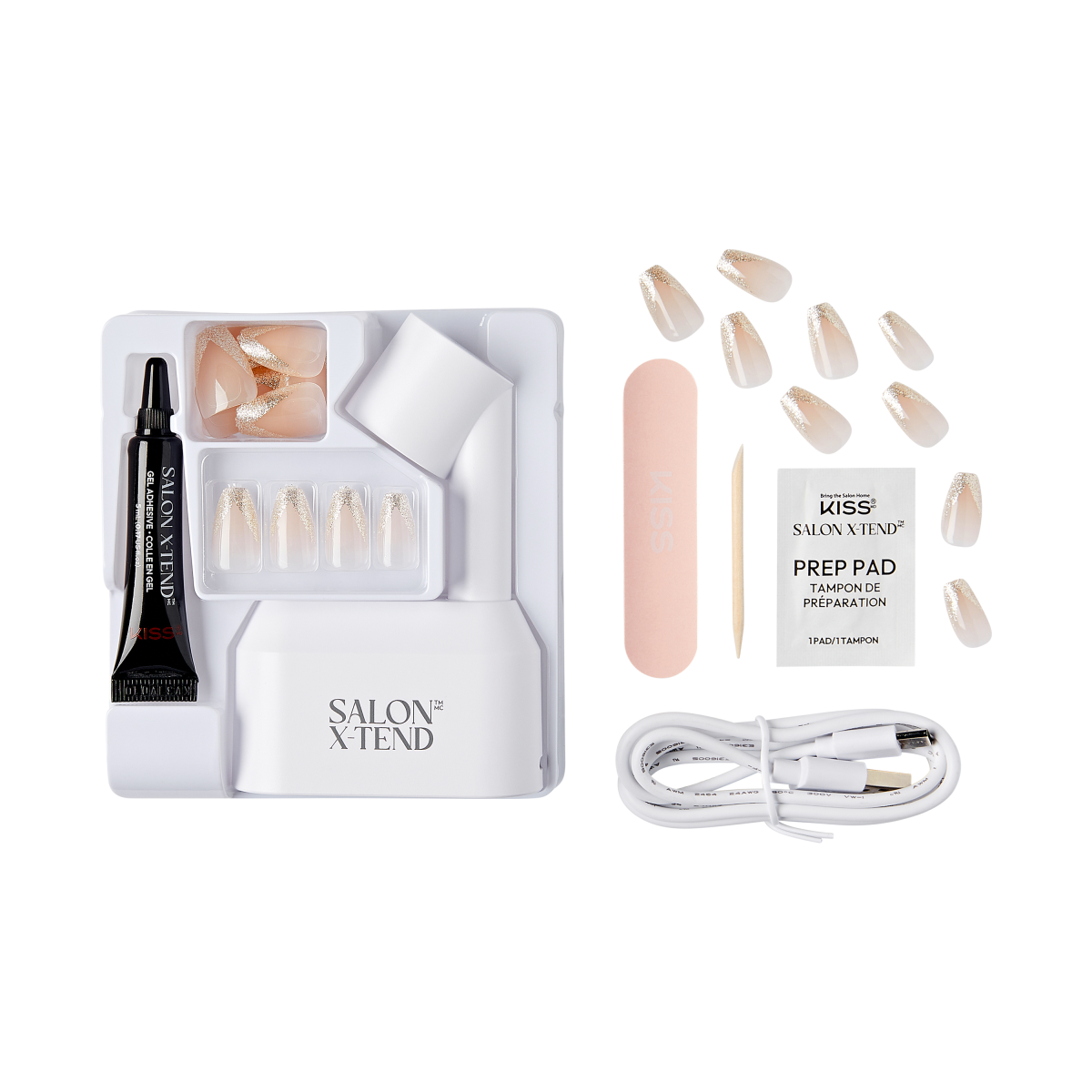 KISS Salon X-tend LED Soft Gel Starter Kit includes an LED lamp, gel adhesive, glittery ombre false nails, nail prep pad, wooden cuticle stick, nail file, and USB charging cable.