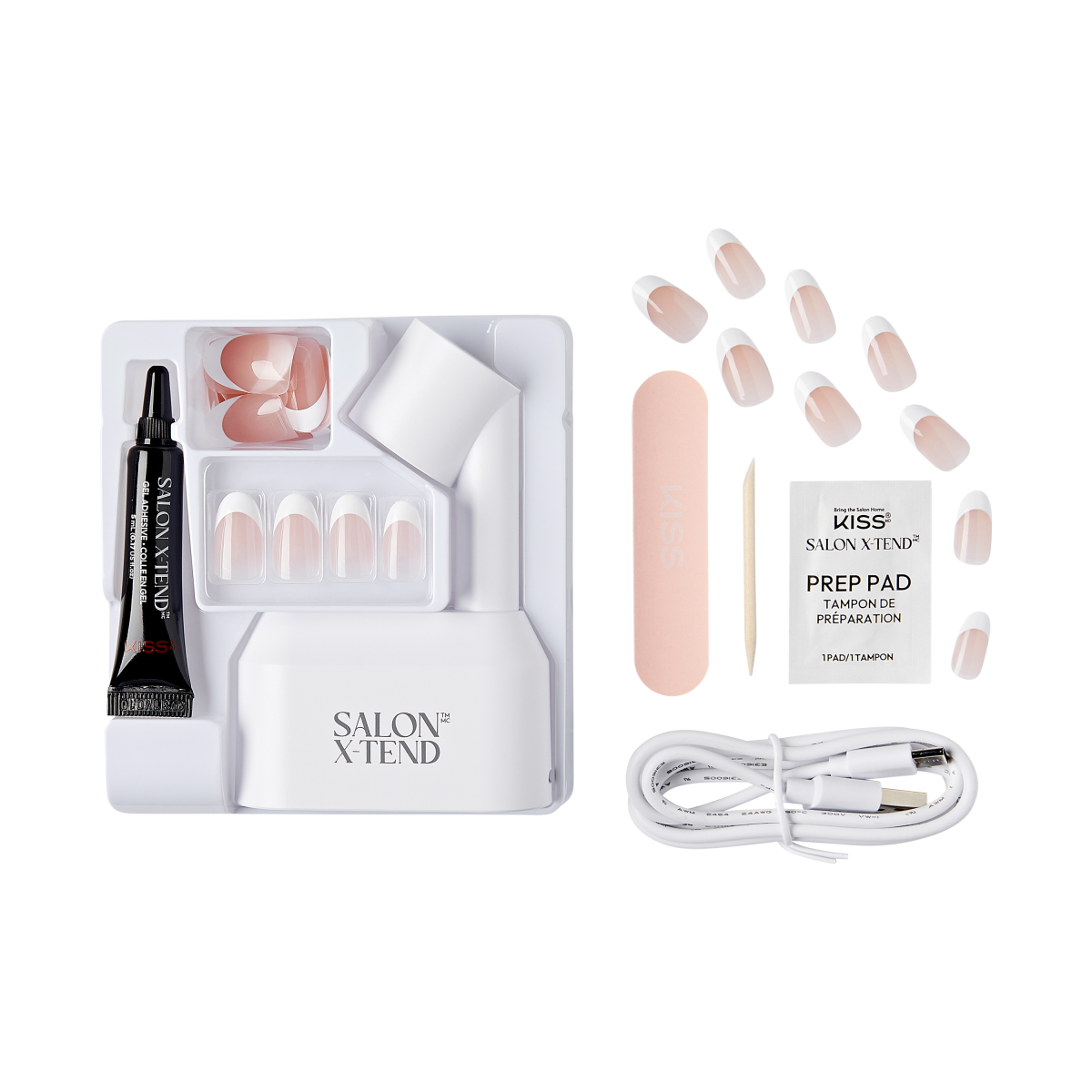 KISS Salon X-tend LED Soft Gel Starter Kit with pink nude French tip nails, LED lamp labeled \