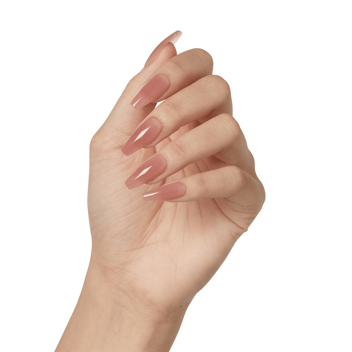 Hand with long coffin-shaped nails painted in a glossy muted pink tone, showcasing the KISS Salon X-tend LED Soft Gel Starter Kit System color \
