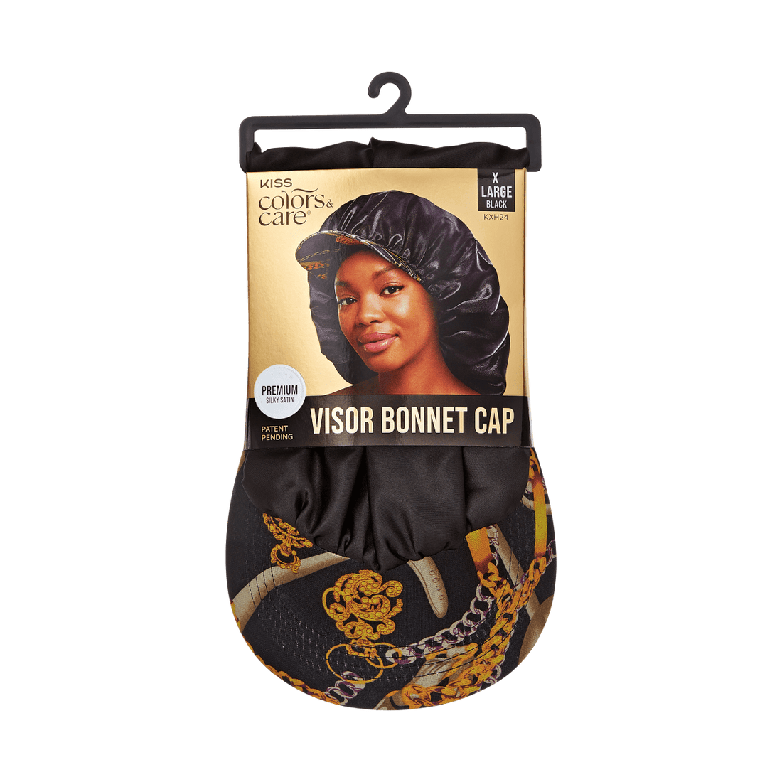 Black silky satin visor bonnet cap with packaging showing a woman wearing the cap. Packaging text highlights \