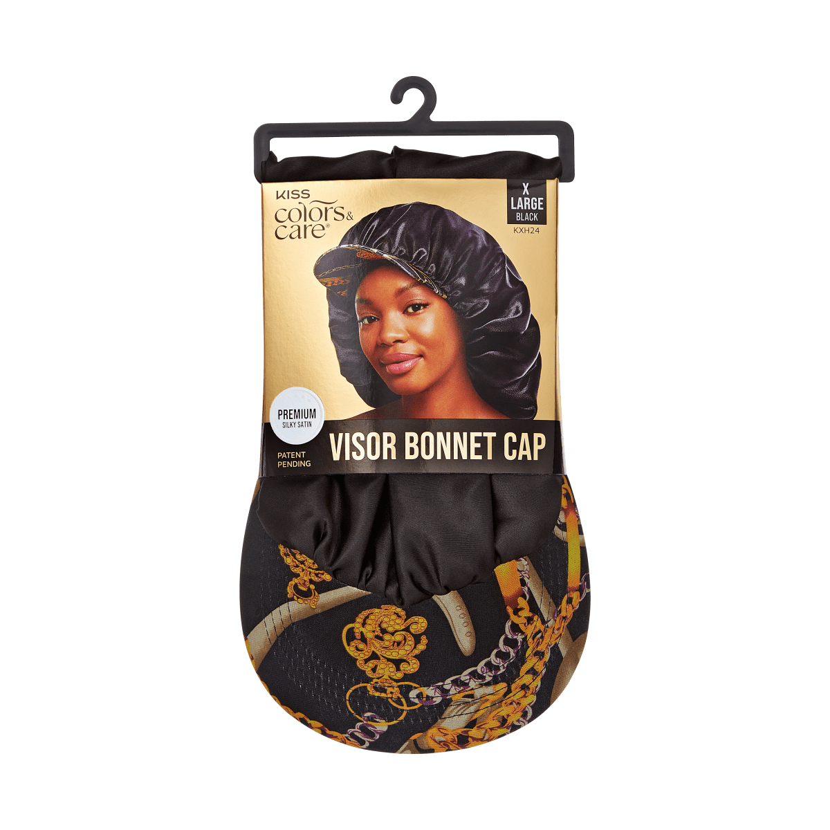 Black silky satin visor bonnet cap with packaging showing a woman wearing the cap. Packaging text highlights \