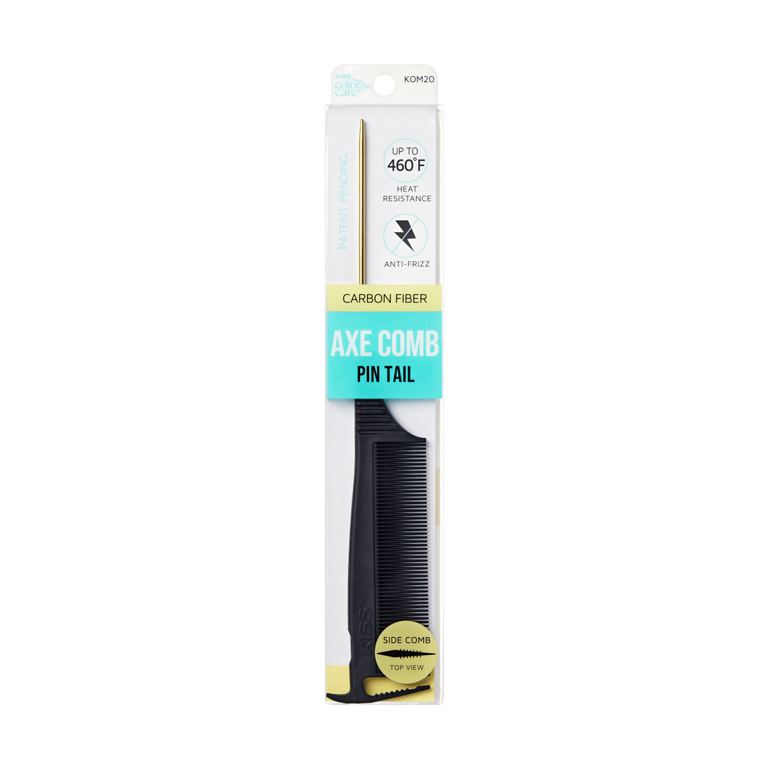 KISS Colors &amp; Care black carbon fiber axe comb with a gold pin tail in white packaging labeled heat resistant up to 460°F and anti-frizz features.