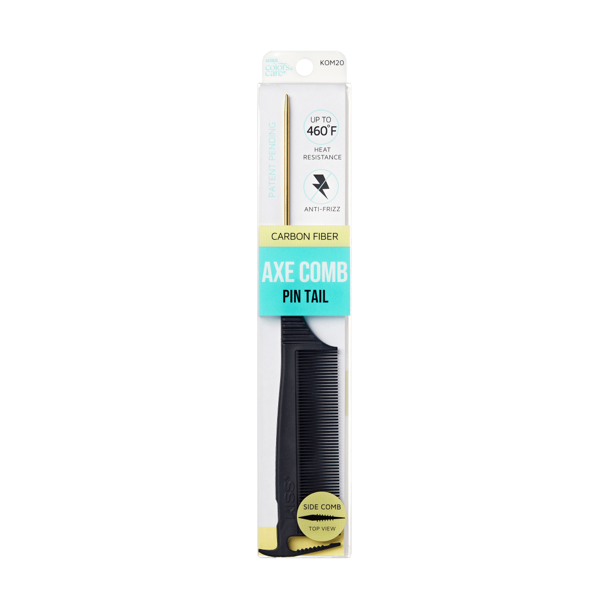 KISS Colors &amp; Care black carbon fiber axe comb with a gold pin tail in white packaging labeled heat resistant up to 460°F and anti-frizz features.