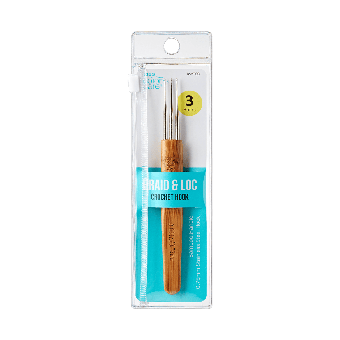 Clear plastic package containing three braid and loc crochet hooks with bamboo handles and stainless steel tips, labeled \