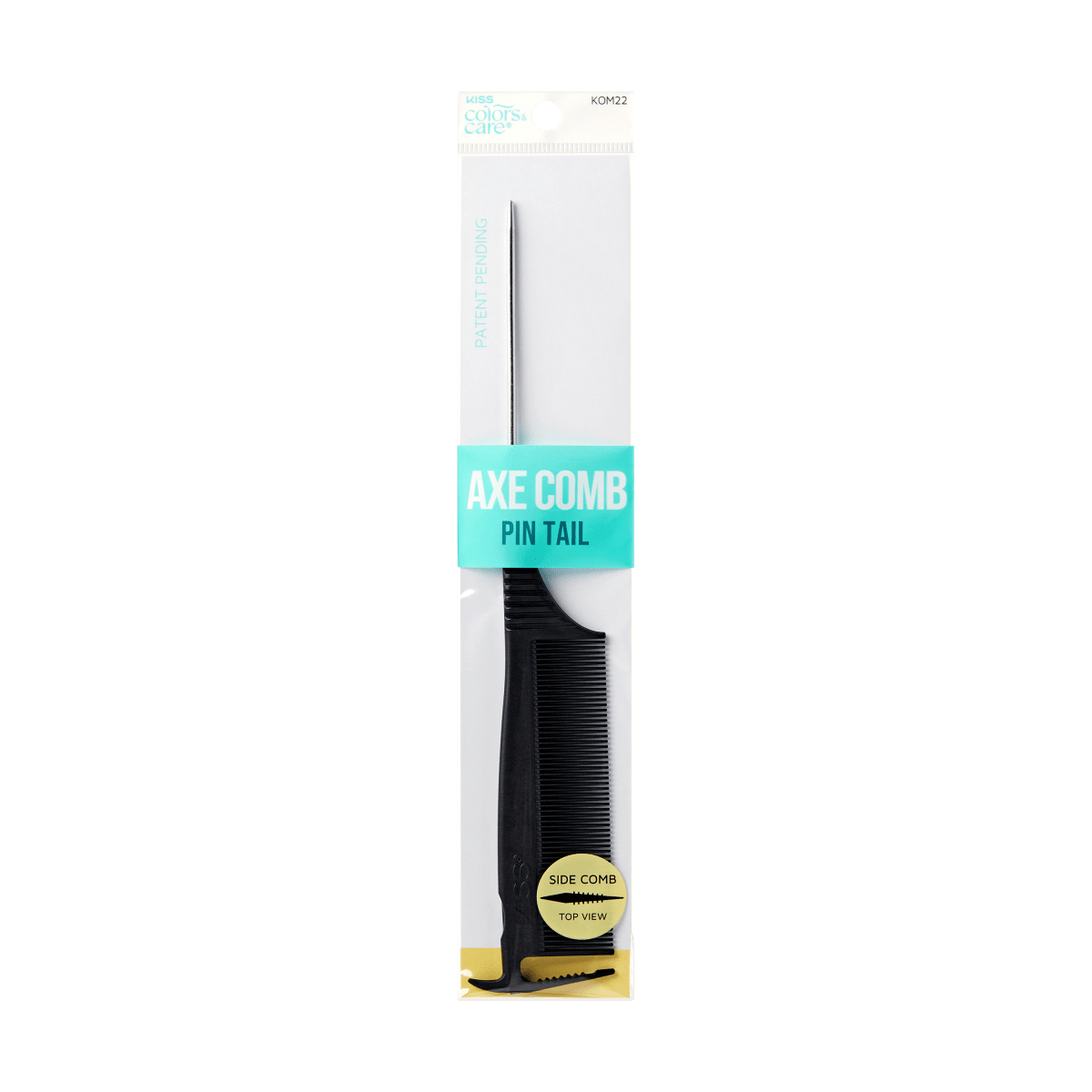 KISS Colors &amp; Care black axe parting comb with pin tail, packaged in clear plastic with teal and gold labels highlighting \