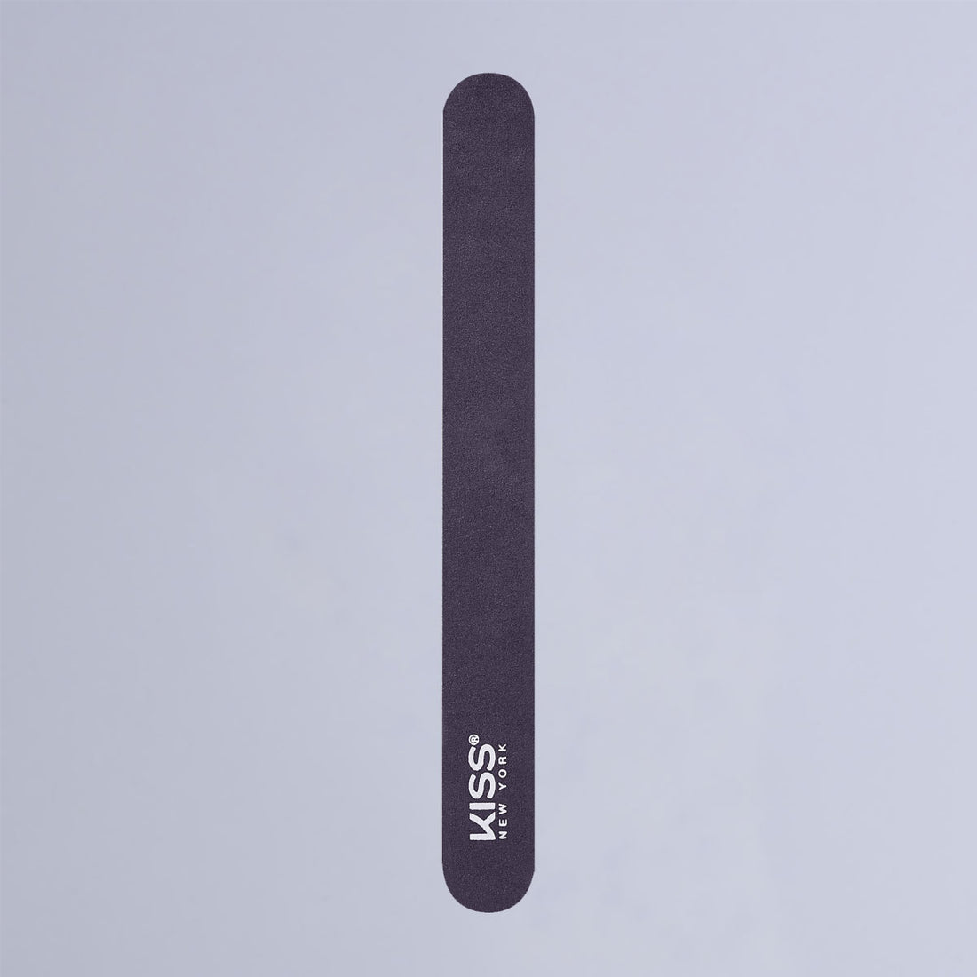 Black nail file with rounded edges, featuring white \