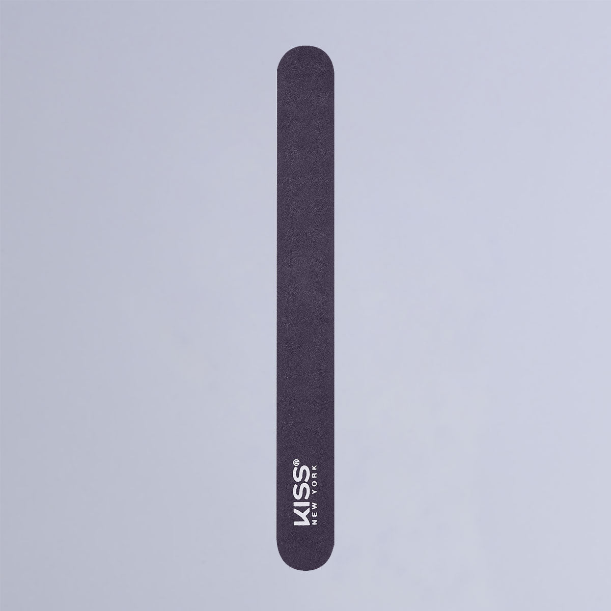 Black nail file with rounded edges, featuring white \