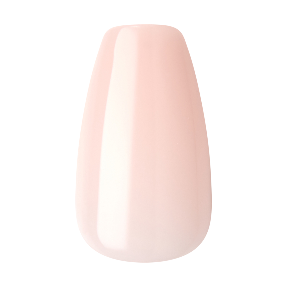 Soft pale pink press-on nail with a glossy finish shown close-up, shaped in a rounded square style.