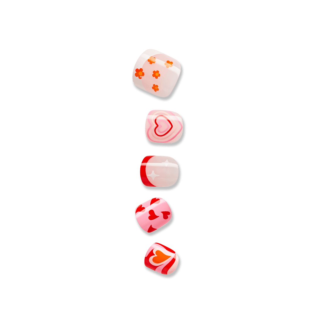 Set of five press-on kids nails with playful designs including orange flowers, red hearts, pink swirls, and a red tip with white sparkles.