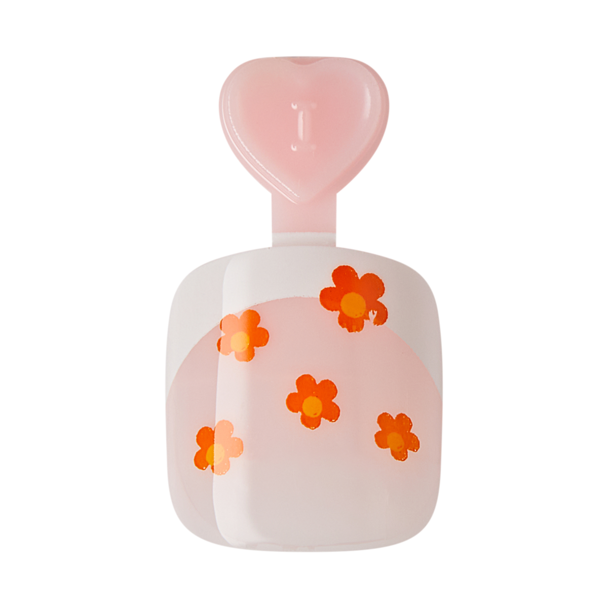 Press-on nail with a square shape featuring a white base and orange daisy flower designs, attached to a pink heart-shaped handle.
