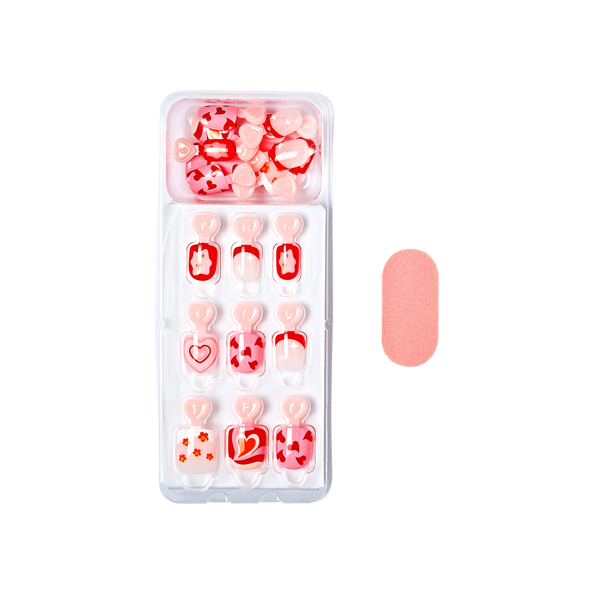 Set of imPRESS Kids press-on nails in shades of pink, red, and white with heart and flower patterns, shown with a pink nail file, all in clear plastic packaging.