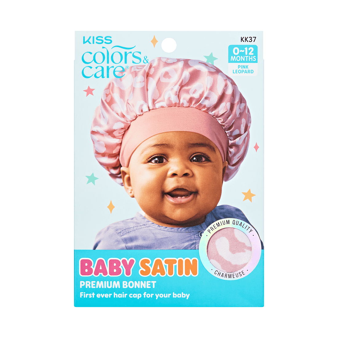 Smiling baby wearing a pink leopard satin bonnet, shown on blue packaging with colorful stars; text highlights \