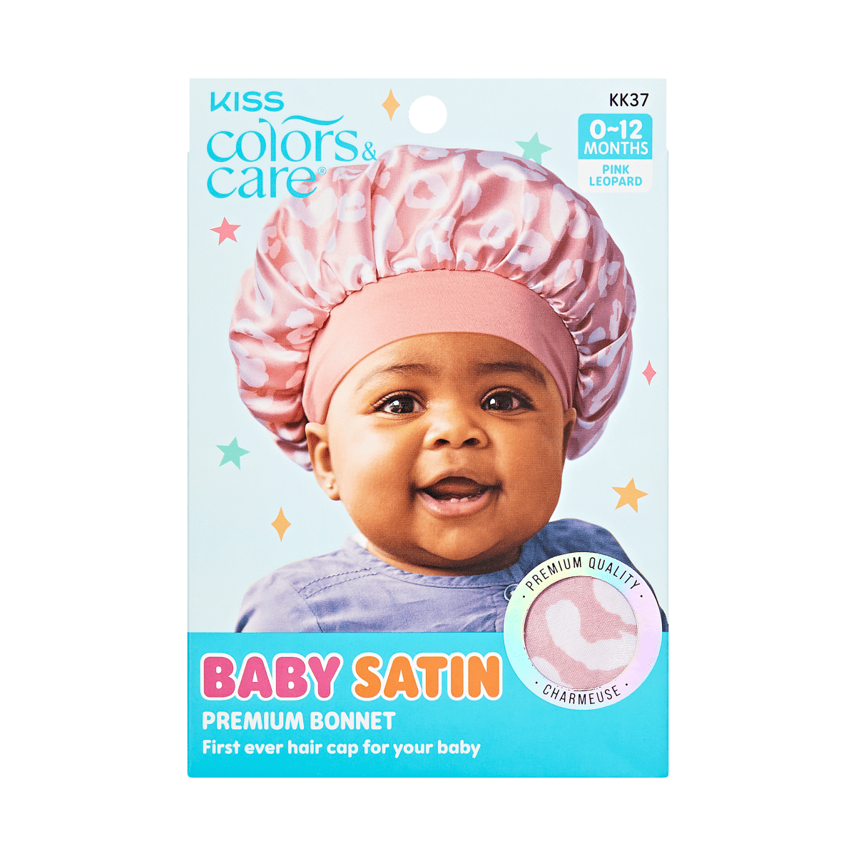 Smiling baby wearing a pink leopard satin bonnet, shown on blue packaging with colorful stars; text highlights \