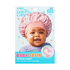 Smiling baby wearing a pink leopard satin bonnet, shown on blue packaging with colorful stars; text highlights \
