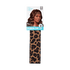 Leopard-print elastic band, 1 3/4 inches wide, displayed on packaging with a woman wearing the band on her forehead. Packaging text highlights \
