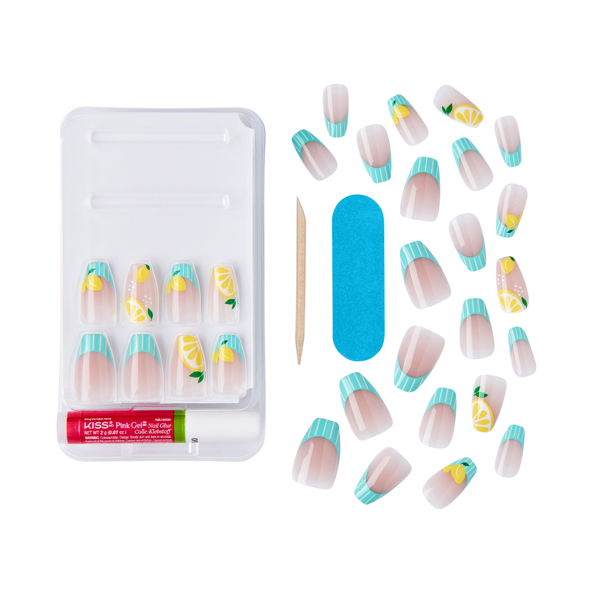 Set of 24 press-on nails with turquoise striped French tips and yellow lemon designs, includes nail glue, blue nail file, and wooden cuticle stick.