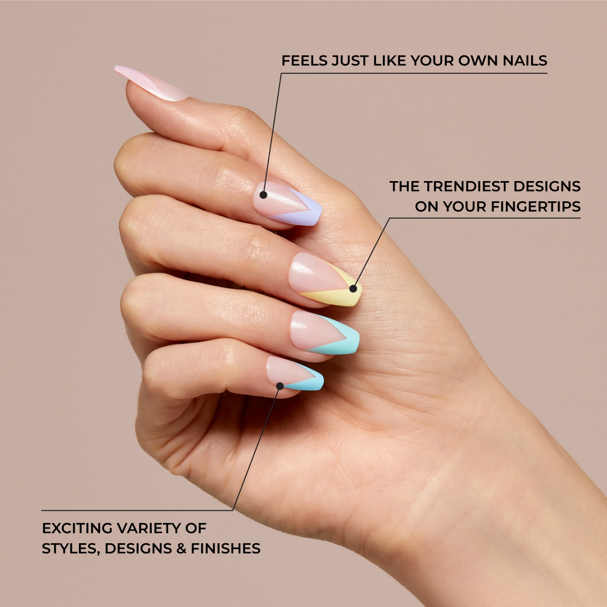 Hand displaying trendy false nails with pastel color block designs in pink, purple, yellow, and blue. Text highlights nails feel natural, are trendy, and offer stylish variety.