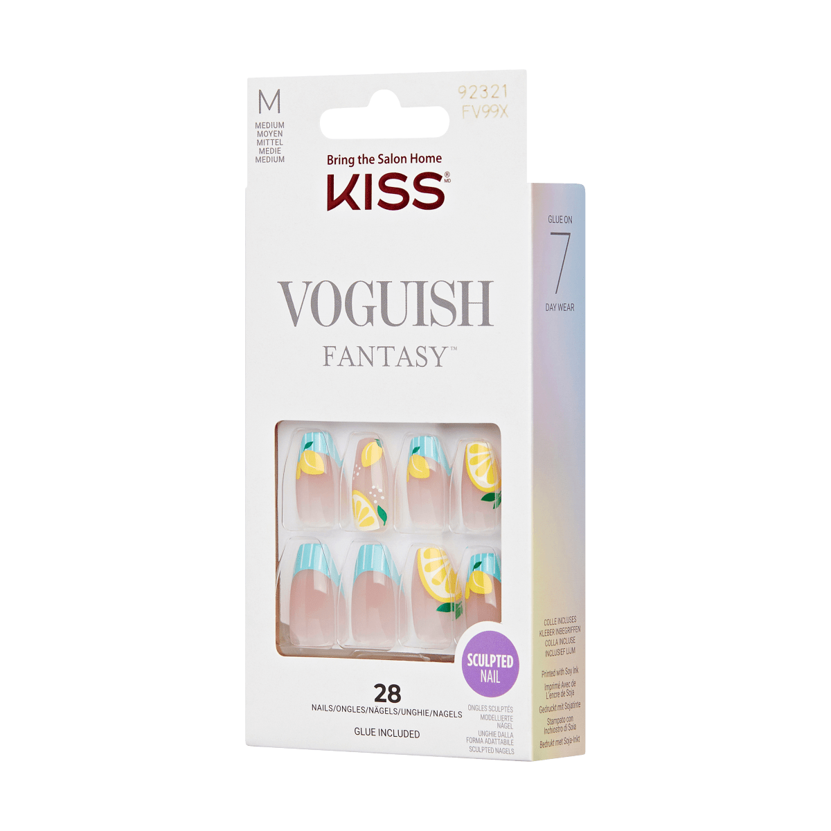 KISS Voguish Fantasy medium sculpted nails with blue striped tips and yellow lemon designs, 28 nails included with glue for 7-day wear.