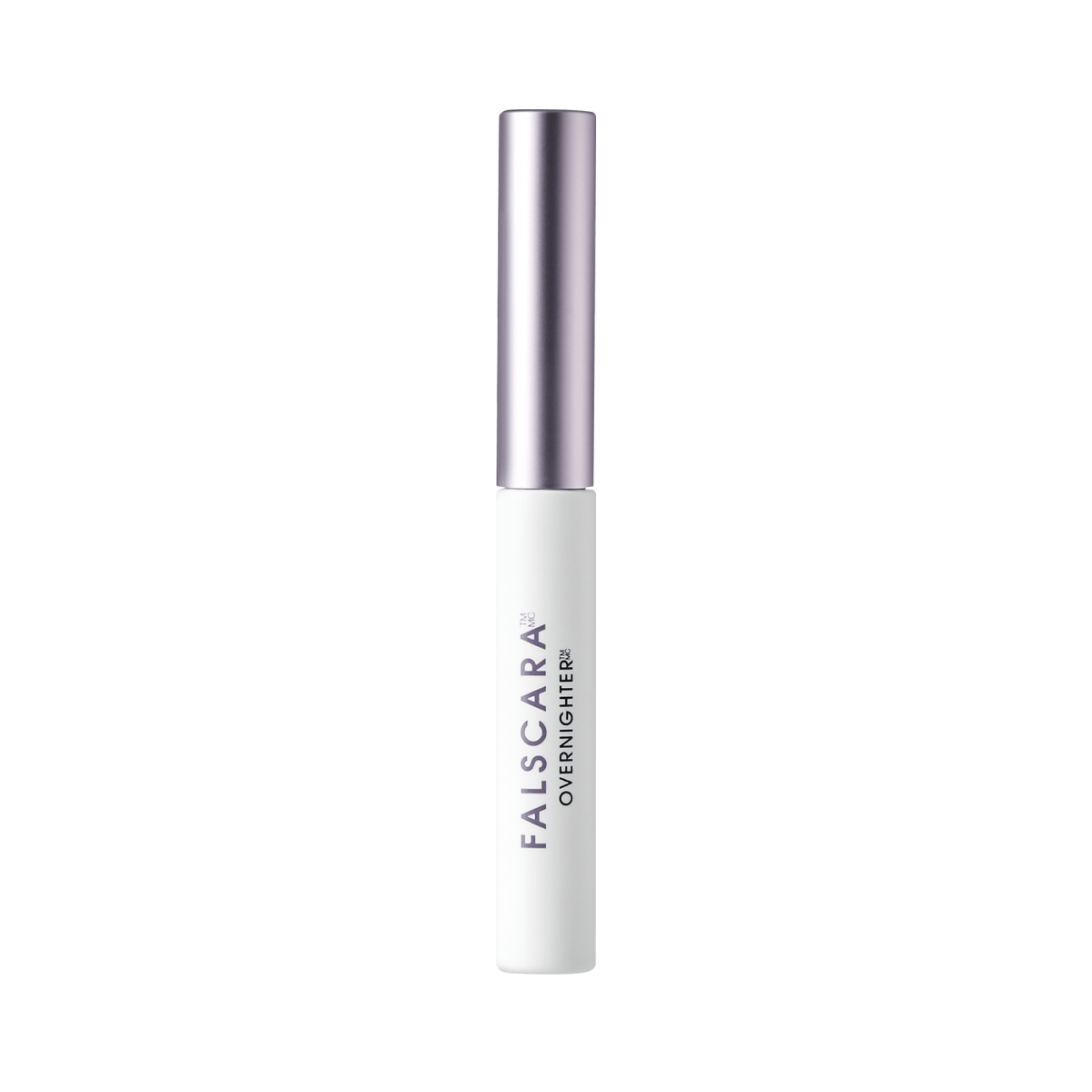 Single tube of FALSCARA Overnighter eyelash serum with a white body and metallic lavender cap, featuring product name printed vertically in matching lavender text.