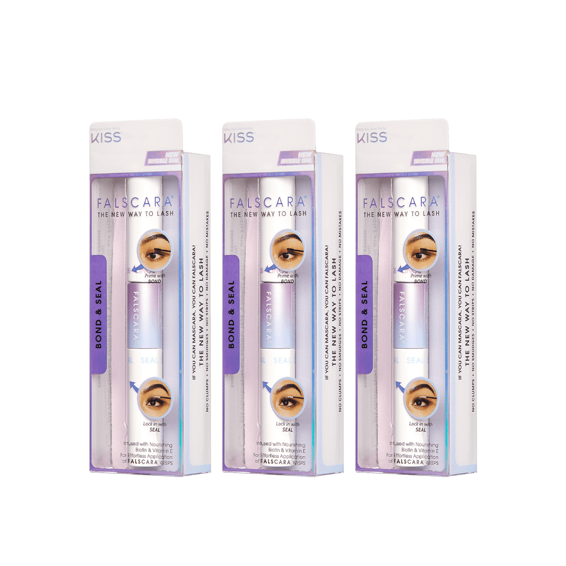 Three-pack of FALSCARA Bond &amp; Seal lash primer and sealant set in clear packaging with purple accents, featuring an eye illustration and claims of no clumps, smudges, or damage.