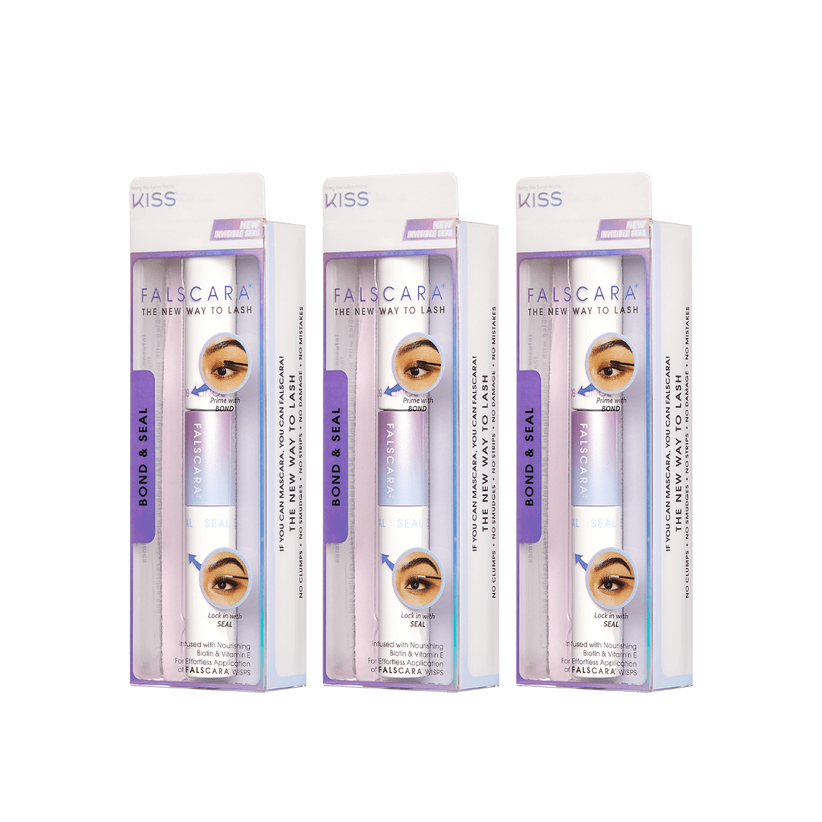 Three-pack of FALSCARA Bond &amp; Seal lash primer and sealant set in clear packaging with purple accents, featuring an eye illustration and claims of no clumps, smudges, or damage.