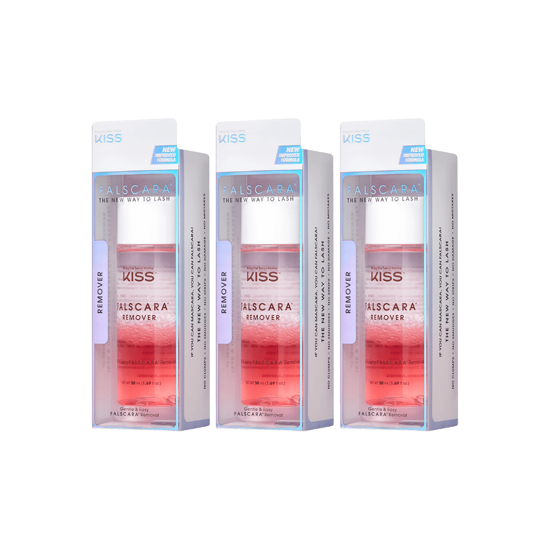 Three identical packaged bottles of KISS Falscara Remover, each with a white cap and pink liquid inside, labeled as \