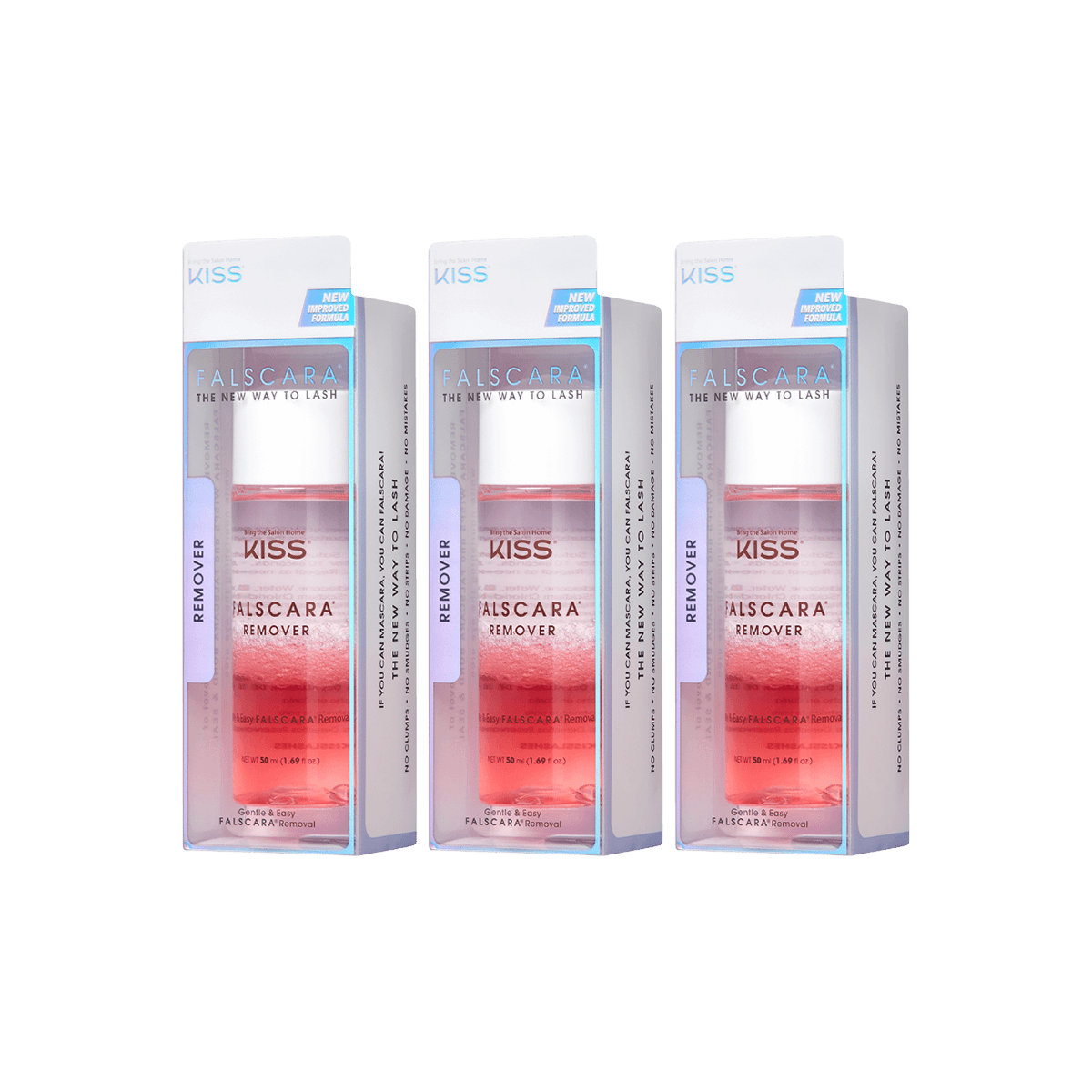 Three identical packaged bottles of KISS Falscara Remover, each with a white cap and pink liquid inside, labeled as \