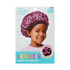 Smiling young girl wearing a pink satin bonnet with a black wide band and pink leopard print, displayed on KISS Colors & Care packaging for kids ages 5-10.