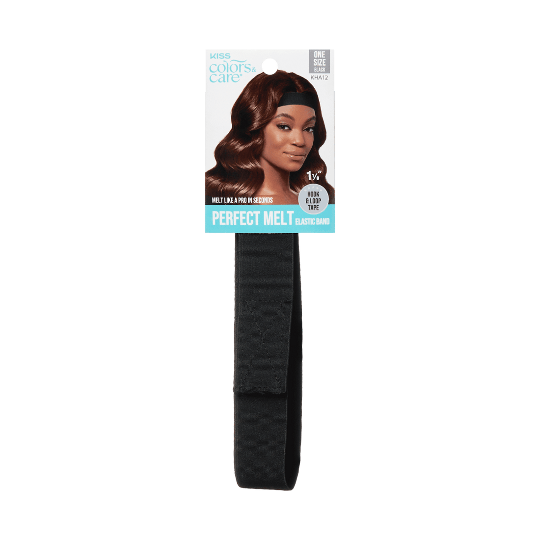 Black elastic hair band with hook and loop tape, 1 1/8 inches wide, packaged with a card featuring a woman wearing the band and text saying \