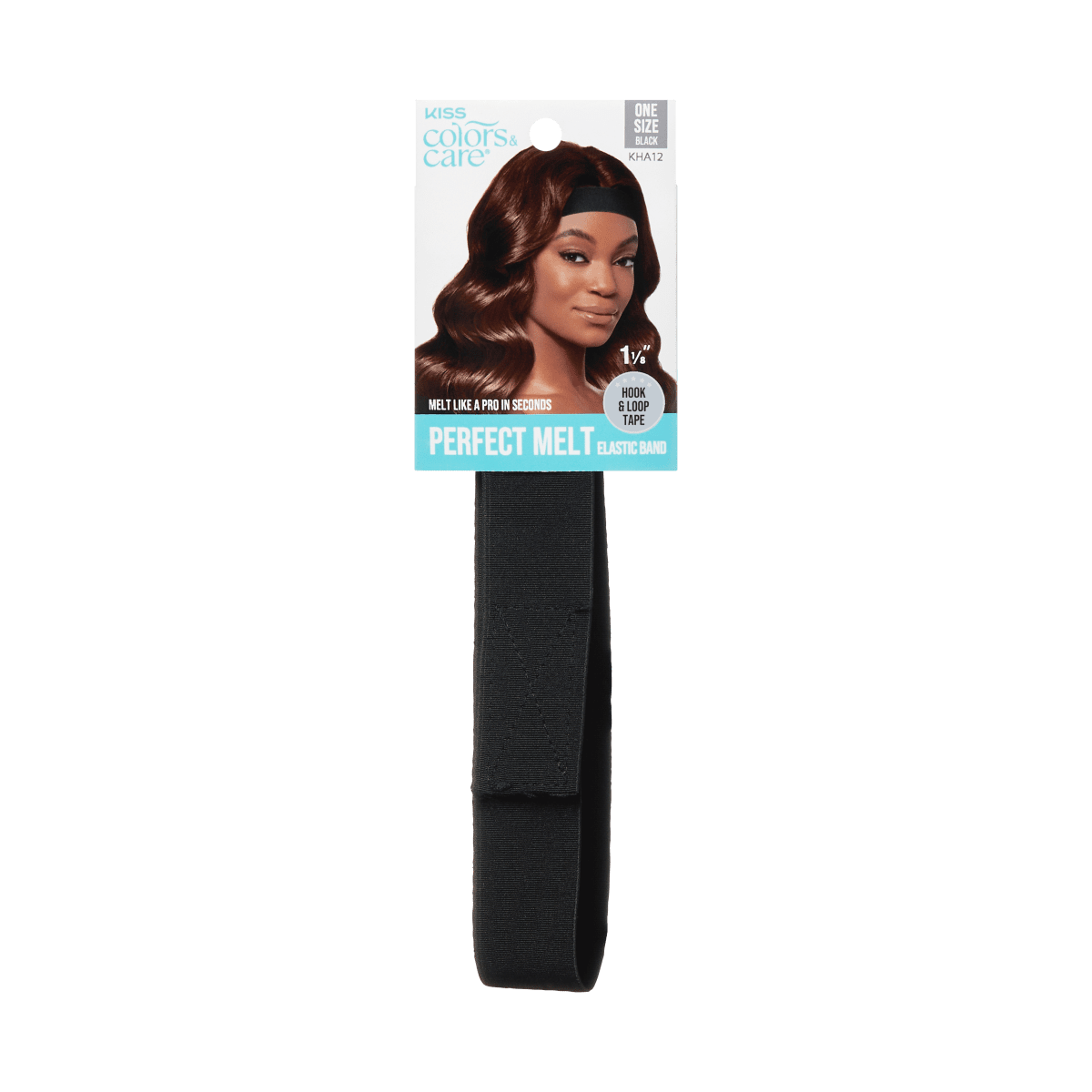 Black elastic hair band with hook and loop tape, 1 1/8 inches wide, packaged with a card featuring a woman wearing the band and text saying \