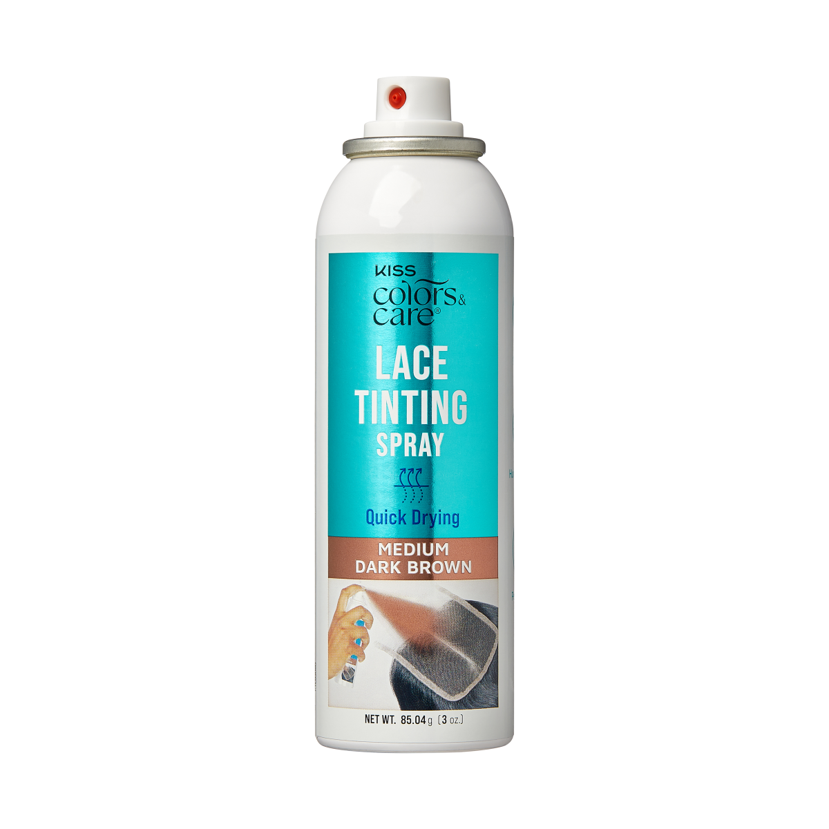 White spray can with a turquoise label reading \