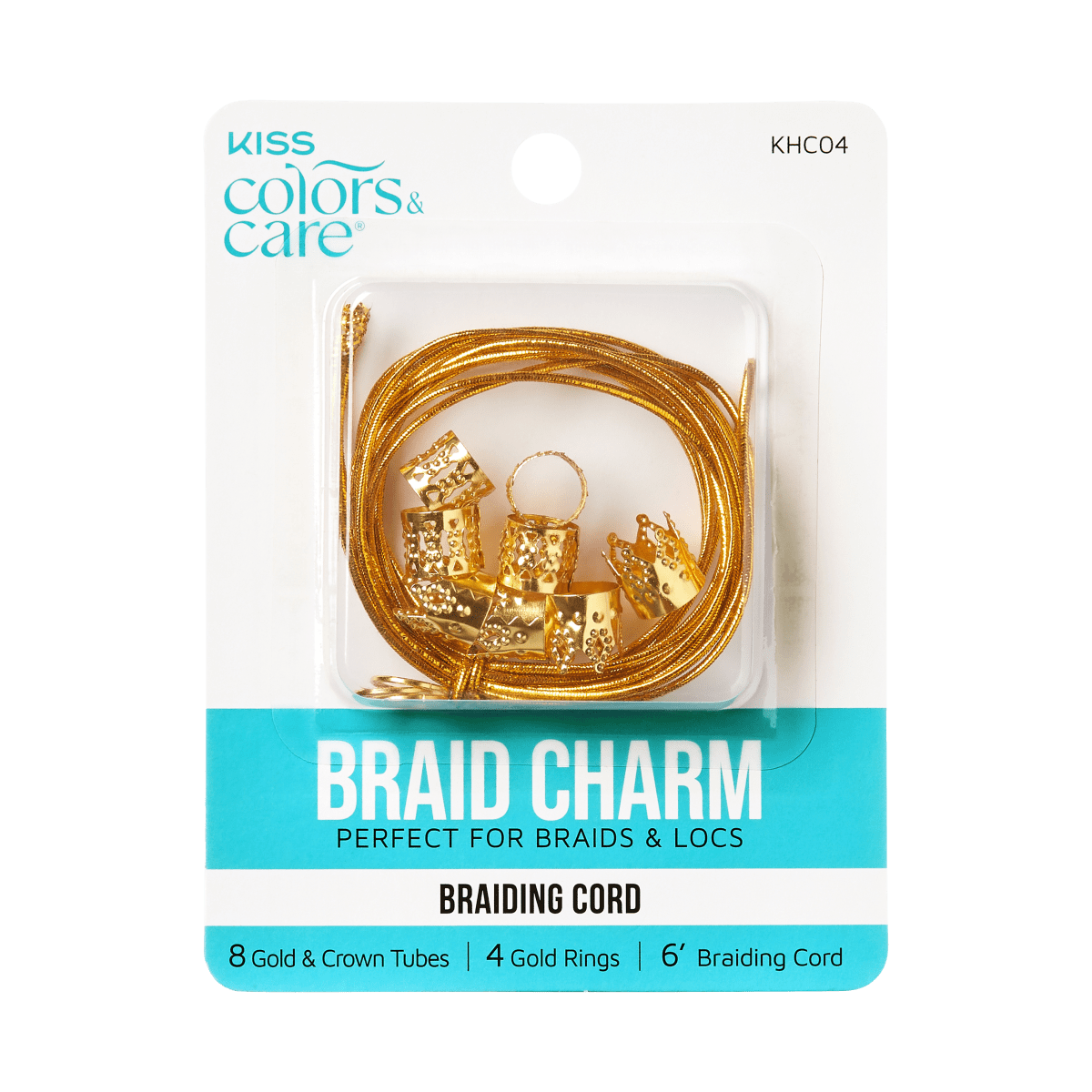 KISS Colors &amp; Care metal hair styling braid charms in gold, including 8 crown tubes, 4 rings, and 6-foot braiding cord, displayed in clear plastic packaging.