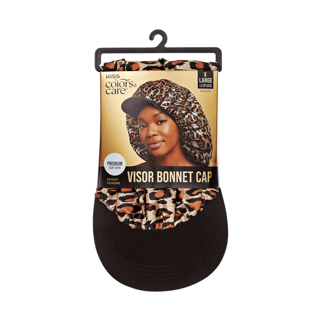 Leopard print silky satin visor bonnet cap in XL size displayed in packaging with a young woman modeling the bonnet and text highlighting \