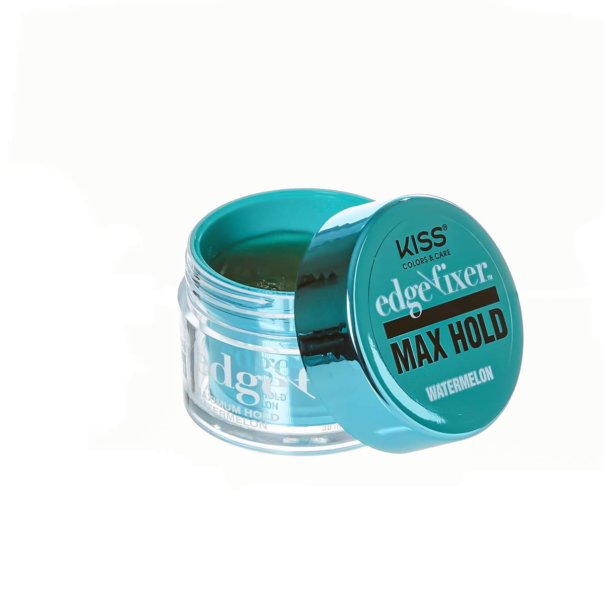 Small open round jar of KISS Colors &amp; Care Edge Fixer with a teal lid. The lid features the product name, \