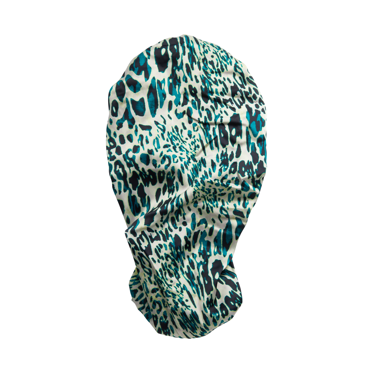 Reversible satin braid bonnet in a crepe finish, featuring an exotic leopard print with black and teal spots on a white background.