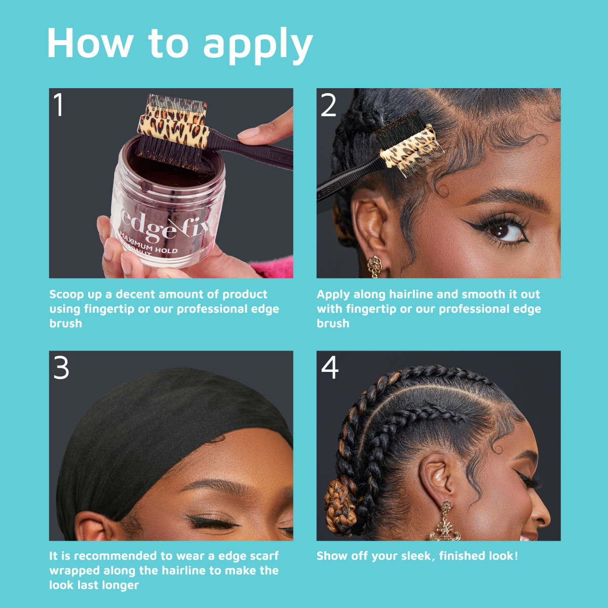 Step-by-step guide showing a woman applying KISS Colors &amp; Care Edge Fixer with a leopard print brush, smoothing edges, wearing a black edge scarf, and the final sleek hairstyle against a turquoise background.
