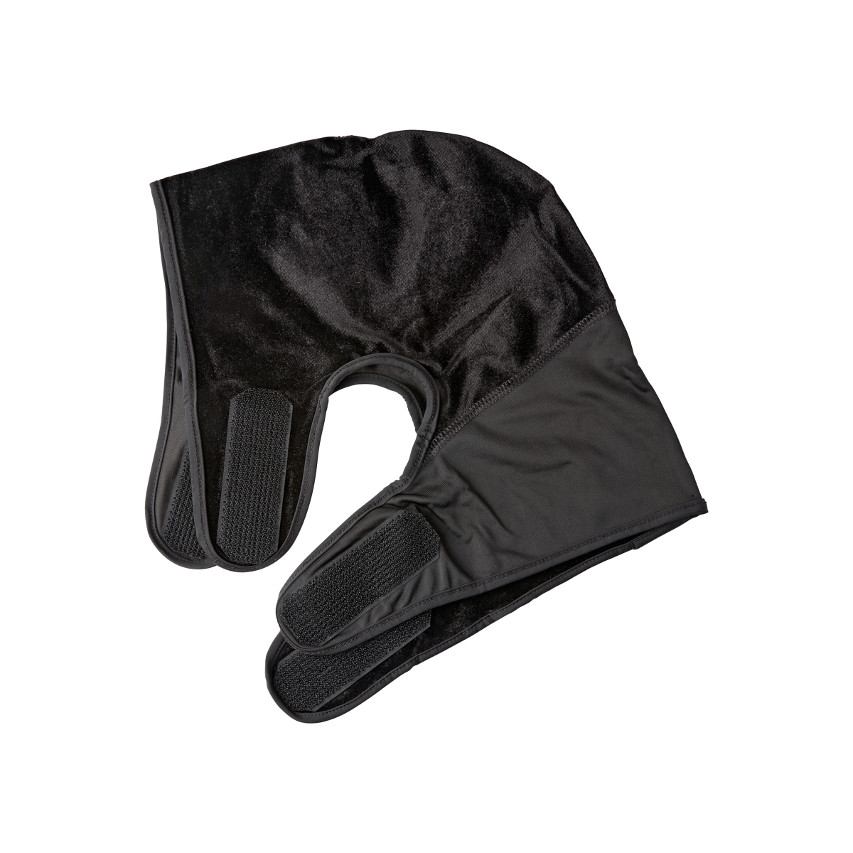 Black KISS Power Wave Luxe Velvet Durag laid flat, showing soft velvet front and smooth adjustable straps with hook-and-loop fasteners on a white background.