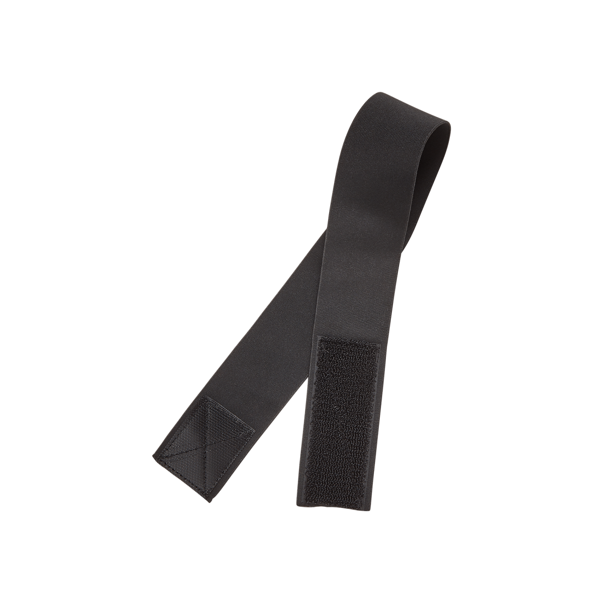 Black elastic band, 1 1/8 inches wide, featuring a hook-and-loop fastener on one end and reinforced stitching on the other, shown slightly twisted.