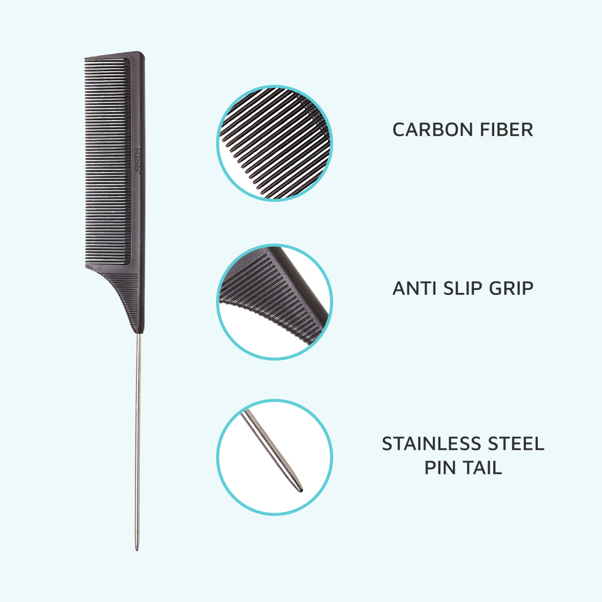 Black KISS carbon fiber pin tail comb with fine teeth and stainless steel pointed tail, featuring an anti-slip grip on the handle.