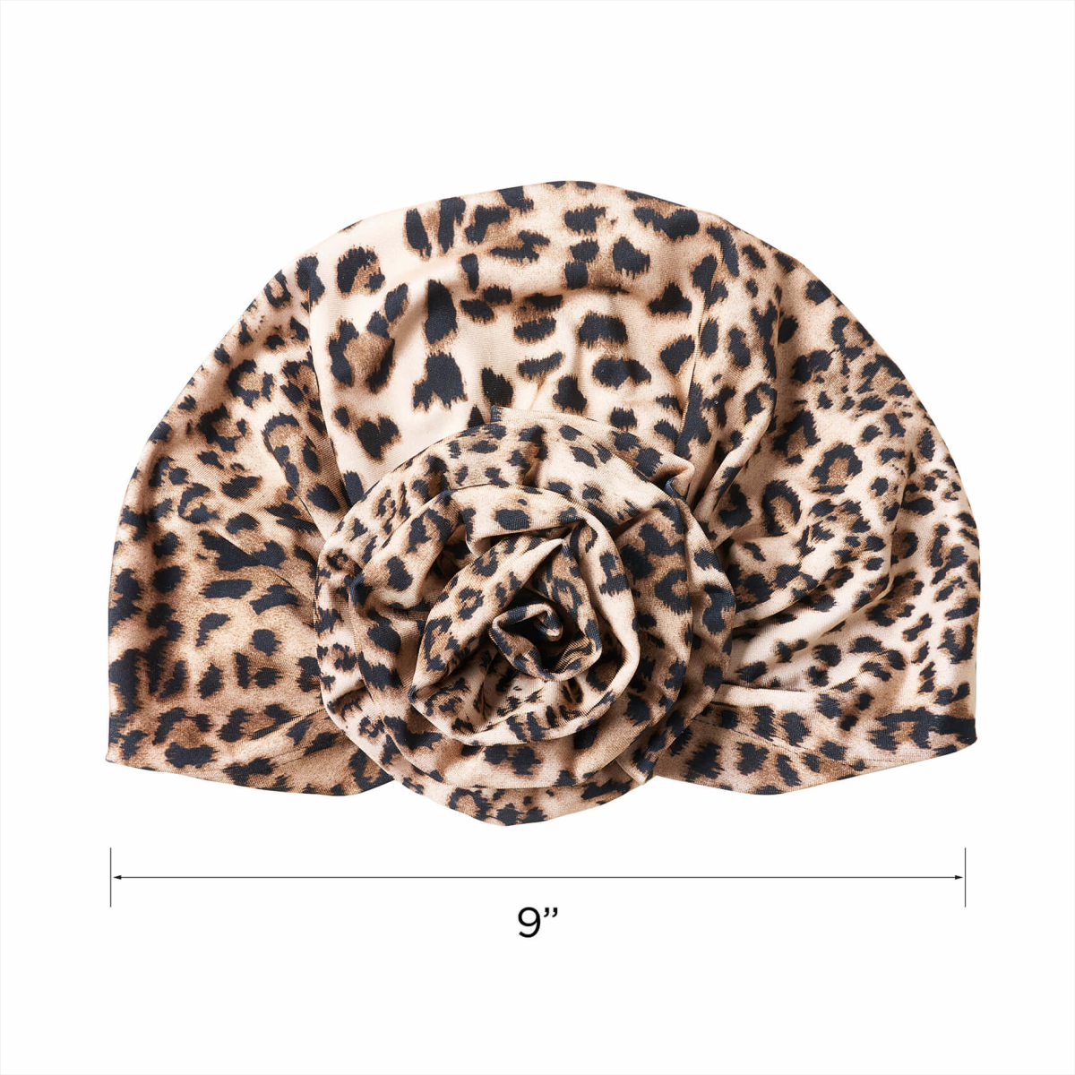 Leopard print pre-tied turban top knot measuring 9 inches wide, shown flat on a white background.