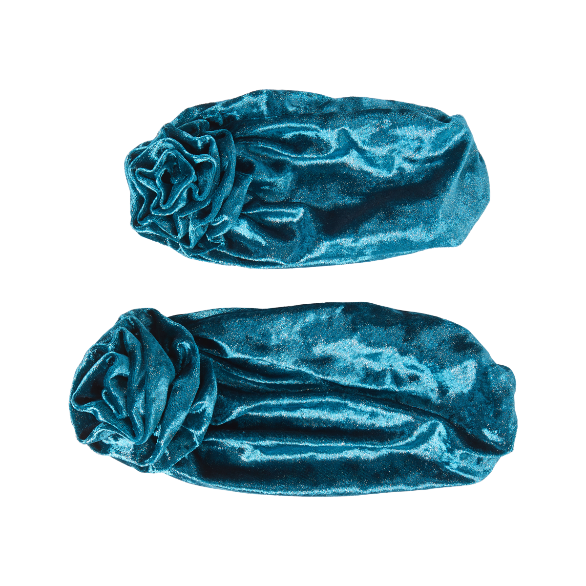 Two blue velvet pre-tied top knot turbans, one sized for an adult and one smaller for a child, shown flat on a white background.