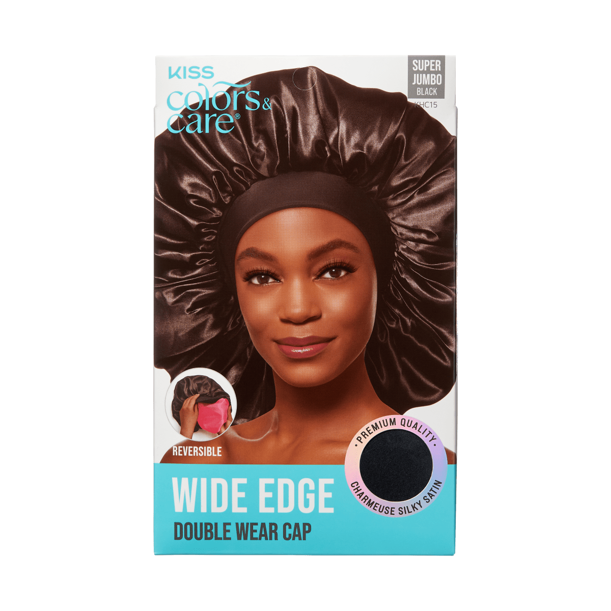Packaging shows a smiling woman wearing a shiny black satin wide edge bonnet. Text highlights \