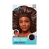 Packaging shows a smiling woman wearing a shiny black satin wide edge bonnet. Text highlights \