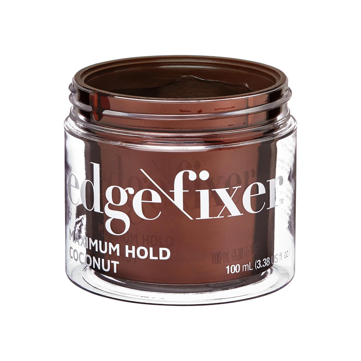 Clear round jar of dark brown KISS Colors &amp; Care Edge Fixer with white text stating \