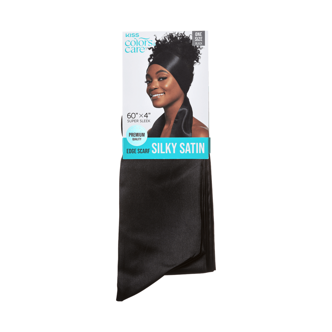 Black silky satin edge scarf measuring 60 by 4 inches, shown on packaging with smiling woman wearing the scarf, labeled \