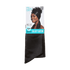 Black silky satin edge scarf measuring 60 by 4 inches, shown on packaging with smiling woman wearing the scarf, labeled \