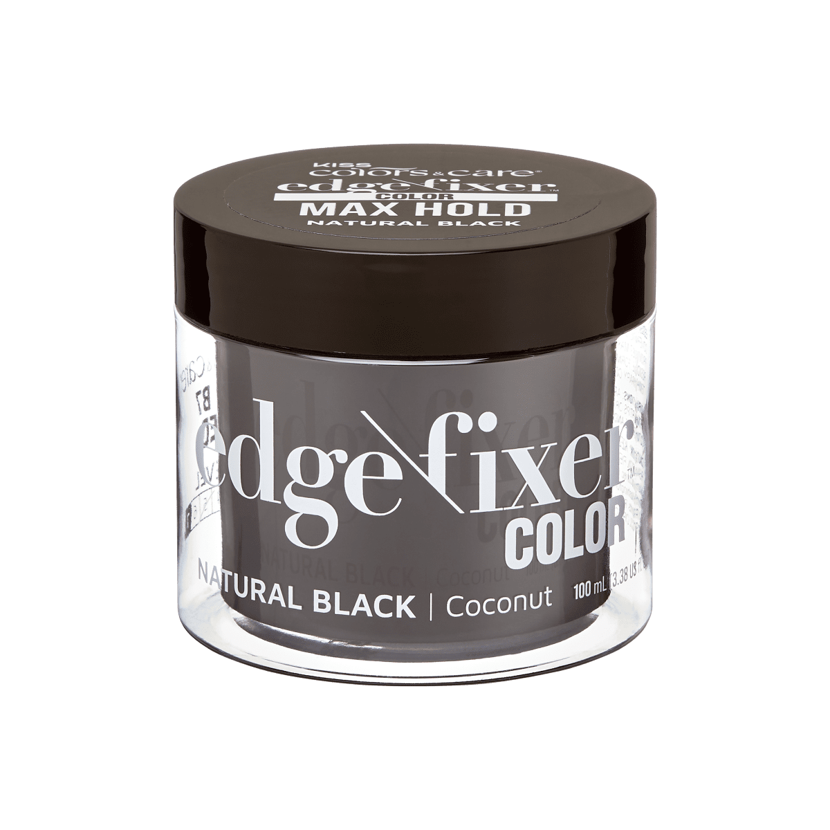Clear round jar with black lid containing KISS Colors &amp; Care Edge Fixer Color in Natural Black, labeled with \