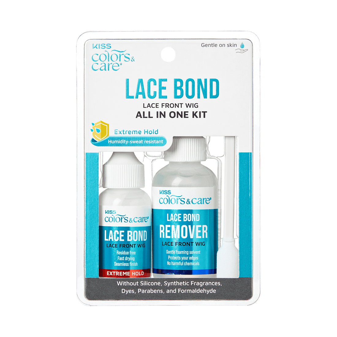 KISS Colors &amp; Care Lace Bond Glue and Remover Kit with two white-capped bottles and an applicator, labeled for lace front wig use, offering extreme hold and gentle removal.