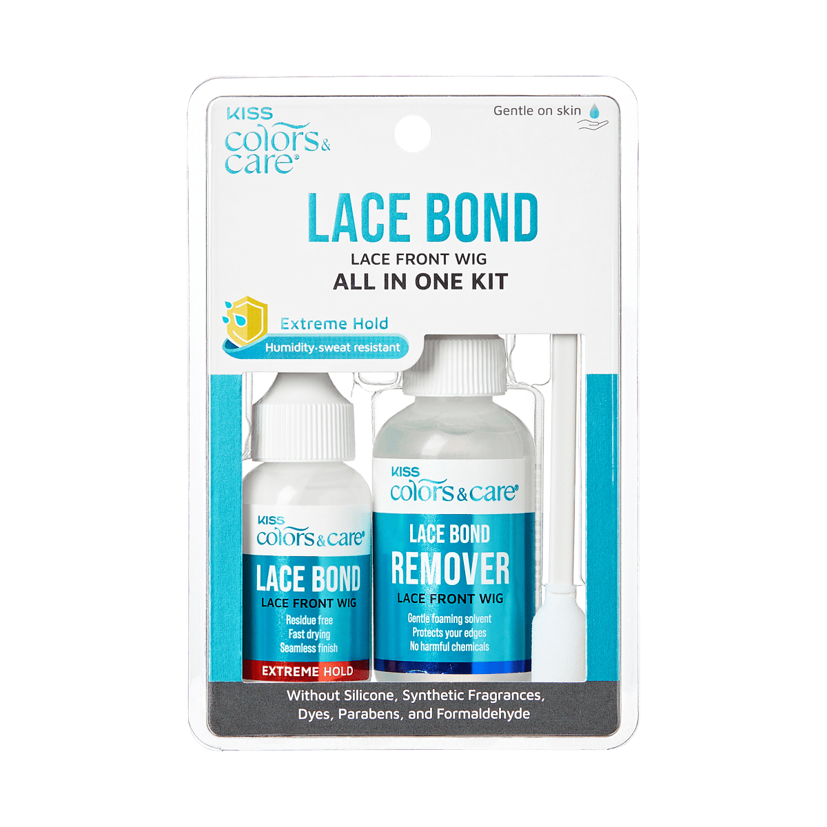 KISS Colors &amp; Care Lace Bond Glue and Remover Kit with two white-capped bottles and an applicator, labeled for lace front wig use, offering extreme hold and gentle removal.