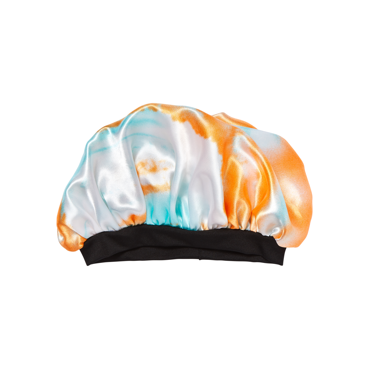 Kids satin bonnet with wide black elastic band and a tie-dye pattern in orange, blue, and white colors, shown flat on a white background.